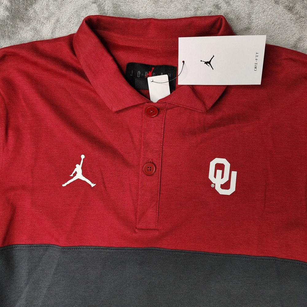 Jordan Polo Shirt Mens S Red Gray Oklahoma Sooners Dri-FIT Colorblock Jumpman